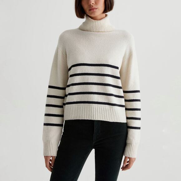 AG Adriano Goldschmeid Bellona Relaxed Turtleneck Sweater Ivory Black Stripe - Picture 1 of 11